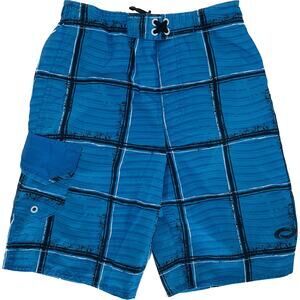 O Rageous Swim Trunks Boy S 14/16 L Blue Plaid Stripe Elastic & Tie Waist Pocket